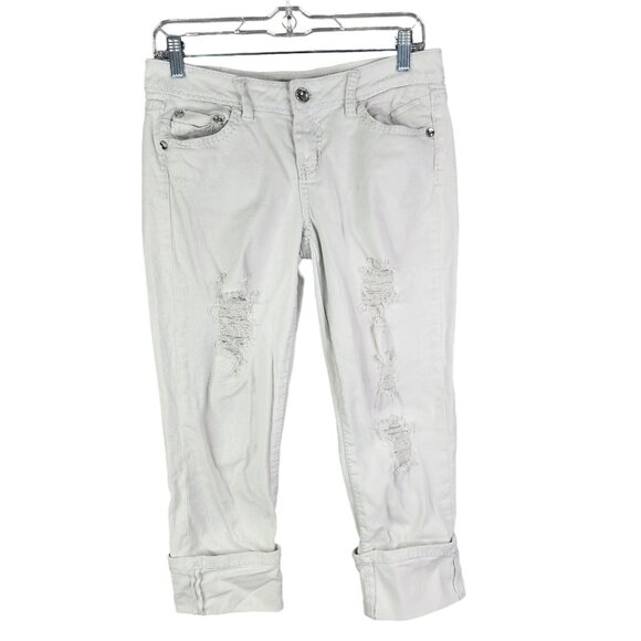 Women's White Cato Distressed Rolled Cuff Jeans Rhinestone Button Mid Rise 4 - Picture 1 of 15